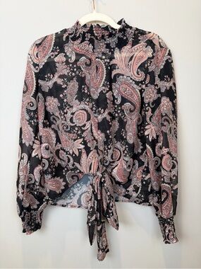 Charmed Hearts Paisley Ruffle Blouse Size S Black Pink Tie Front Sheer